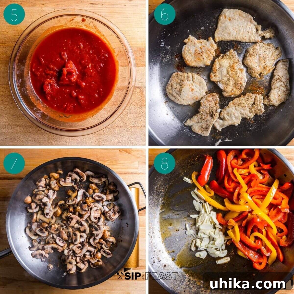 Pizzaiola Chicken 5 A collage showing the cooking process of Chicken Pizzaiola: searing chicken cutlets until golden brown, sautéing sliced mushrooms, and softening colorful bell peppers.