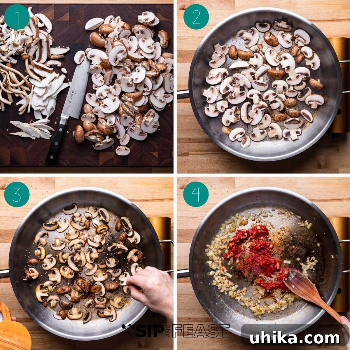Brandy-Infused Mushroom Cream Spaghetti 4 Brandy mushroom cream sauce spaghetti recipe process shot collage group number one.