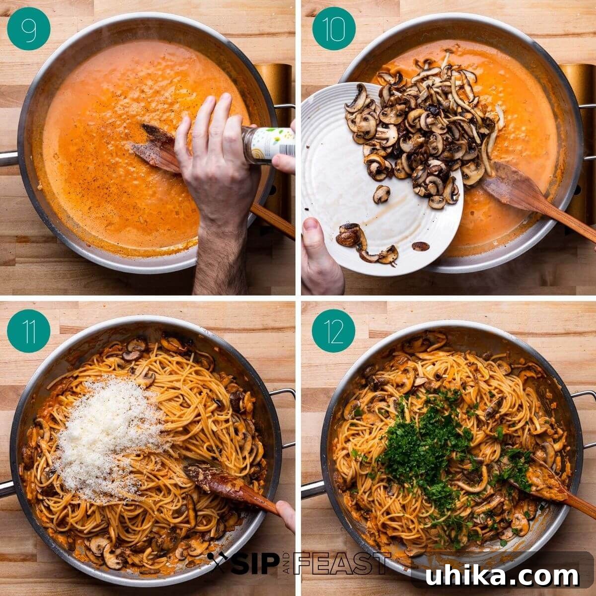 Brandy-Infused Mushroom Cream Spaghetti 6 Recipe process shot collage group number three.