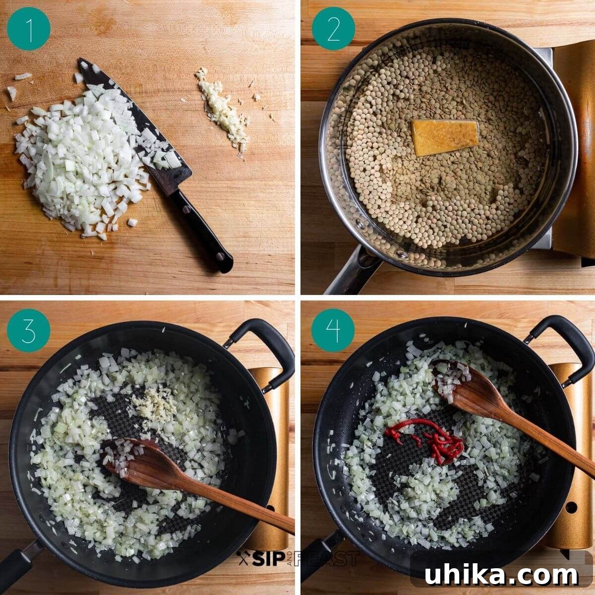 Pasta e lenticchie recipe process shot collage group number one.