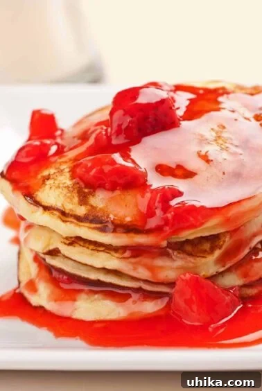 Crafting Memorable Brunch Spreads 5 Stack of fluffy ricotta pancakes topped with vibrant strawberry-orange sauce and chunks of fresh strawberries, served on a white plate.