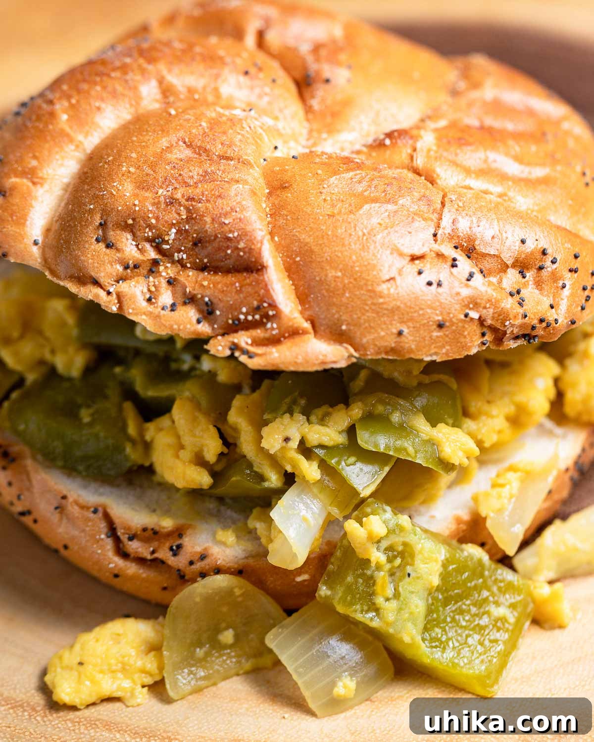 Savory Pepper & Egg Stack 9 Another view of the pepper and egg sandwich, highlighting its texture and inviting appeal.