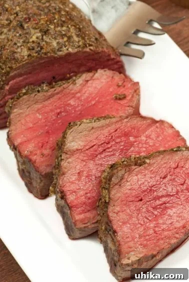 Partially carved roasted beef tenderloin on a white plate with a serving fork.