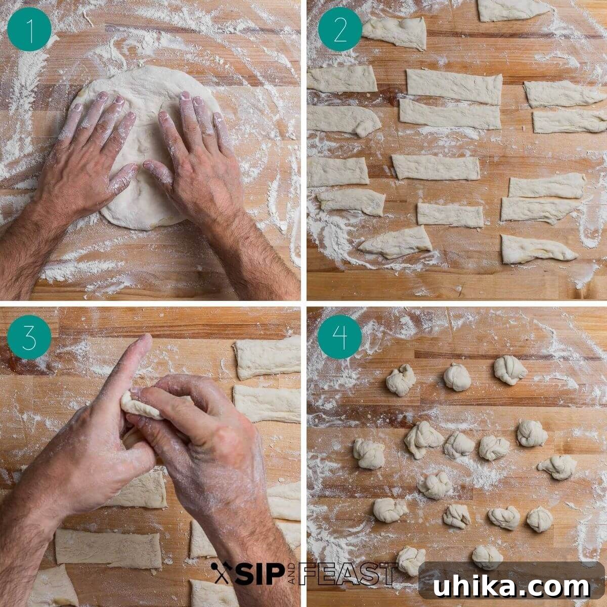 A collage showing the initial steps of making garlic knots: flattening dough, cutting strips, and tying them into knots.