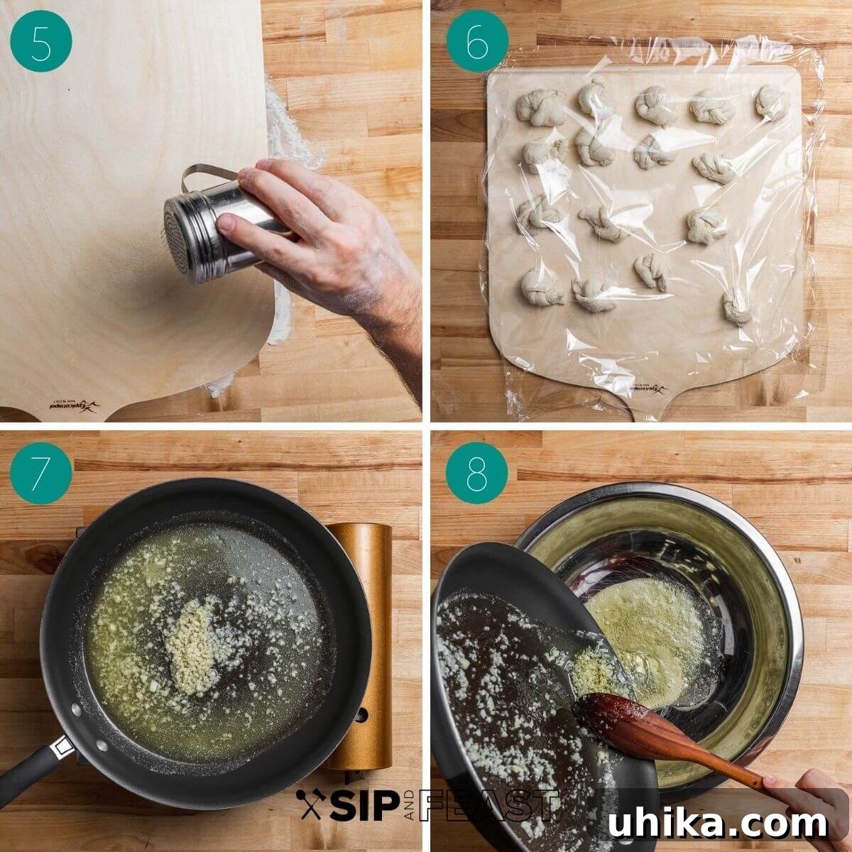 A collage showing more steps for making garlic knots: tied knots on a pizza peel and melting butter with garlic in a pan.