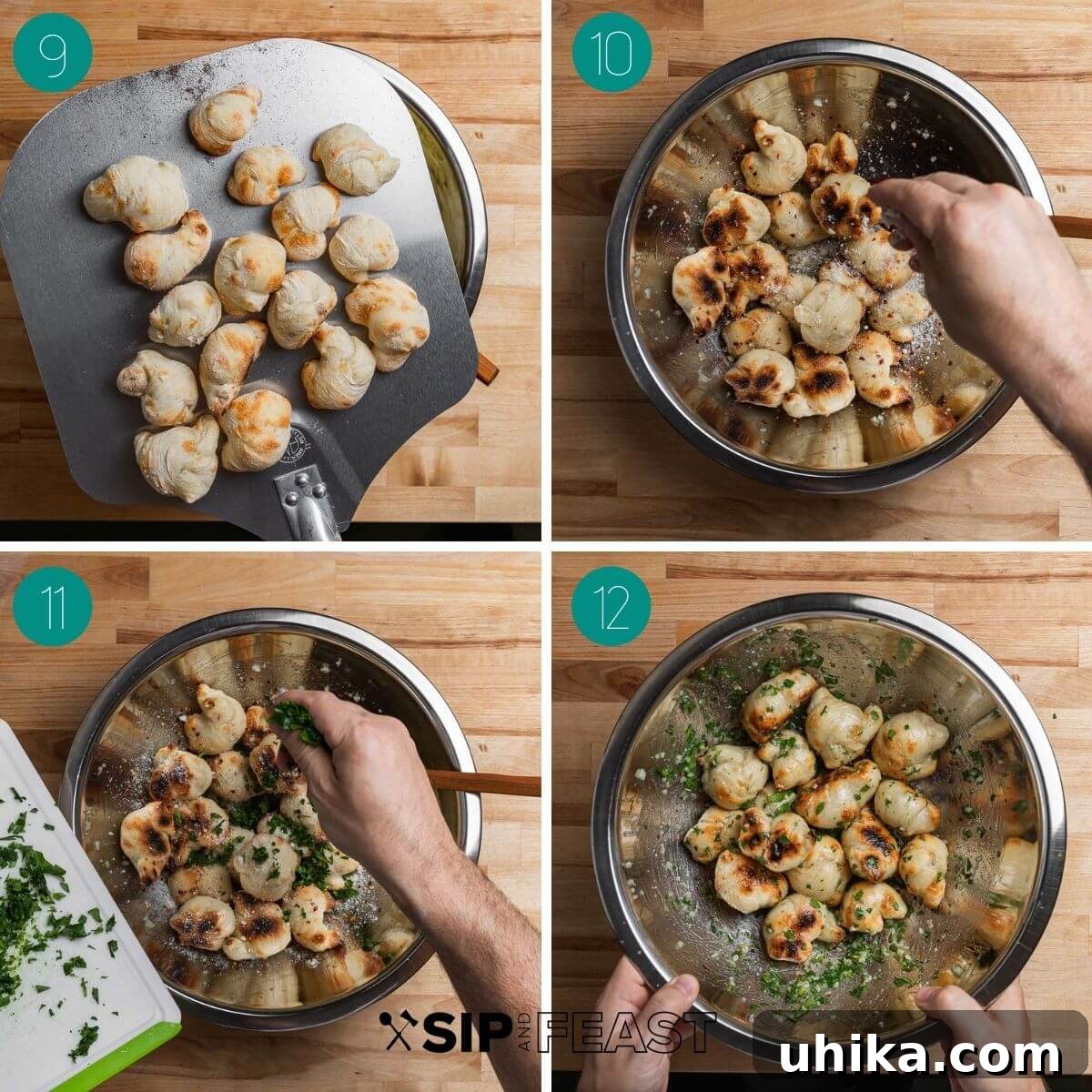 A collage illustrating the final steps of garlic knot preparation: tossing with butter and seasonings, and a close-up of the finished product.