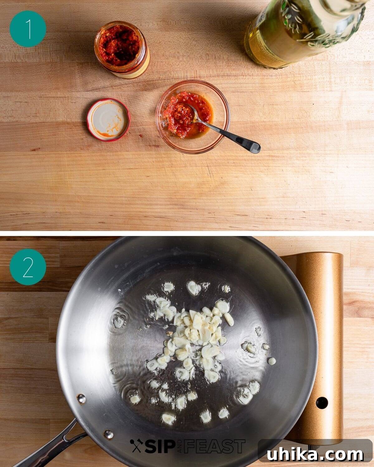 A collage of process shots showing the initial steps of making Eggs in Purgatory: mixing chili paste and olive oil, and sautéing garlic in a pan with tomatoes.