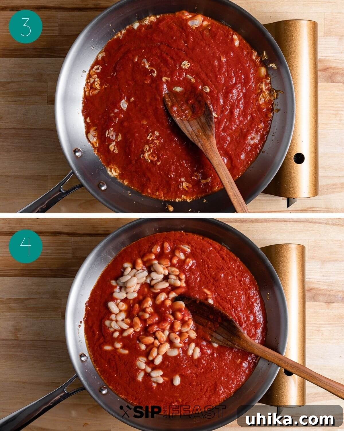 A collage of process shots showing the next steps: adding cannellini beans to the simmering tomato sauce and creating wells for the eggs.