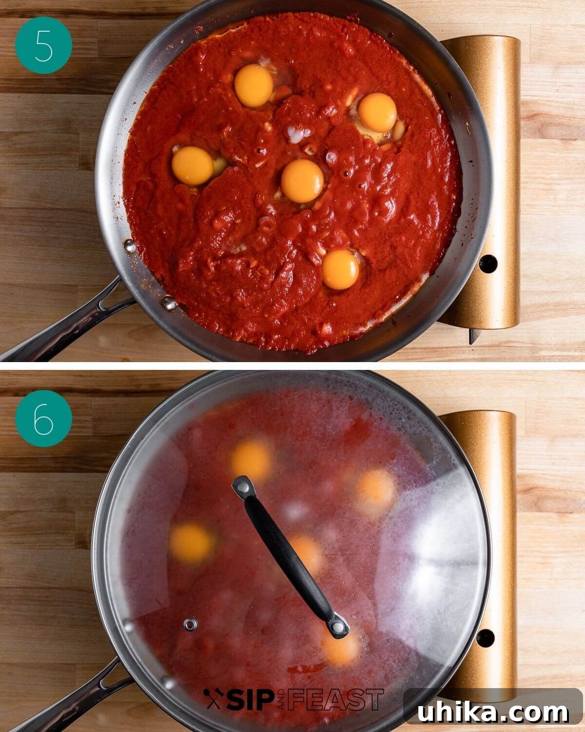 A collage of process shots showing the eggs poaching in the tomato sauce, covered with a lid, and then revealed as perfectly set.