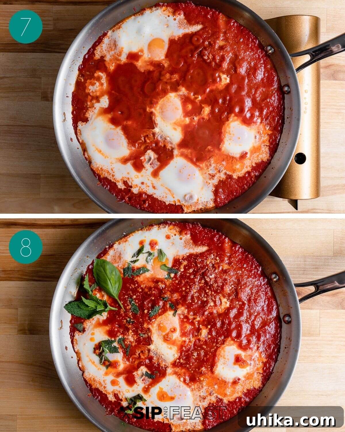A close-up of a pan of Eggs in Purgatory with perfectly poached eggs, showing set whites and golden, runny yolks ready to be served.