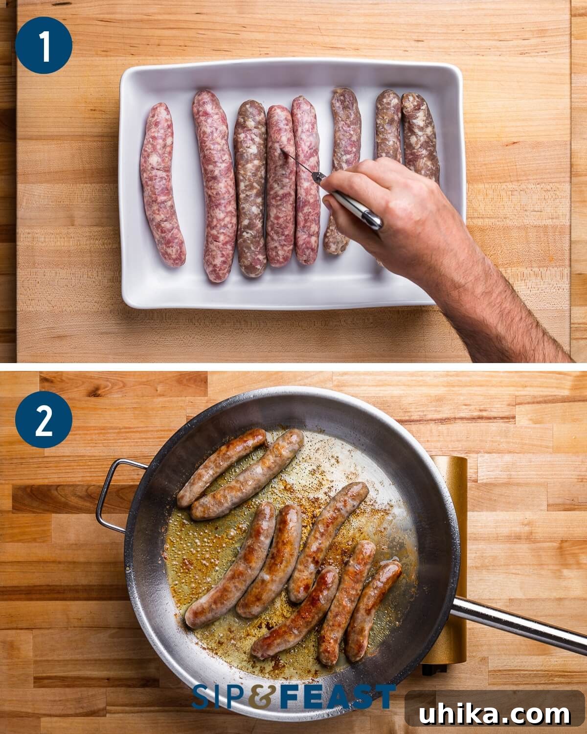Quick 5 Ingredient Sausage and Peppers 5 Sausage and peppers recipe collage group one showing poking holes in the sausage and searing the sausage in a pan.
