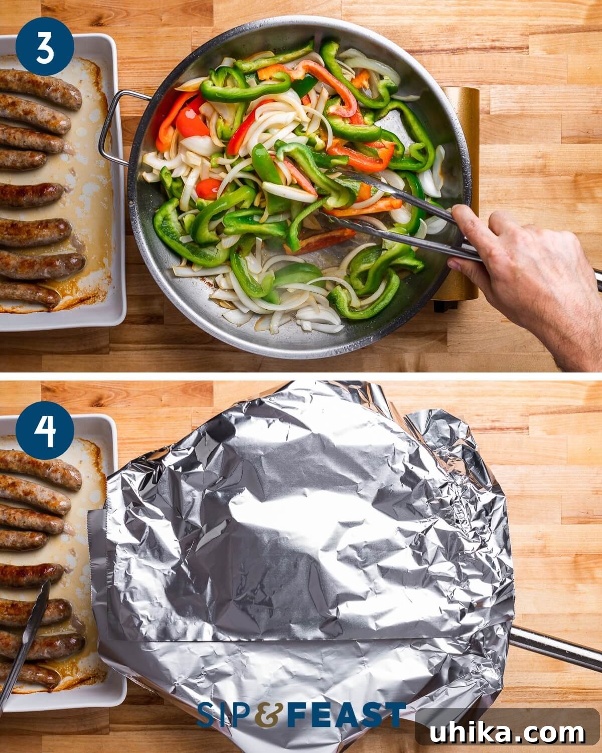 Quick 5 Ingredient Sausage and Peppers 6 Recipe collage two showing sauteing of peppers and onions and covering with foil.