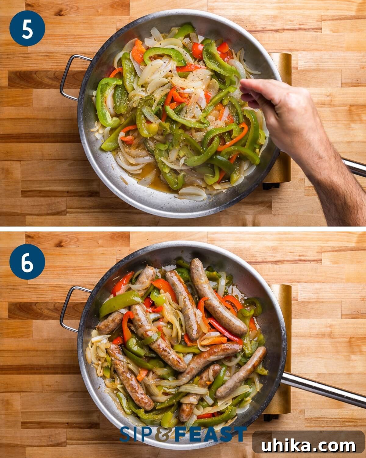 Quick 5 Ingredient Sausage and Peppers 7 Recipe collage three showing seasoning with oregano and adding the sausage back to the pan.