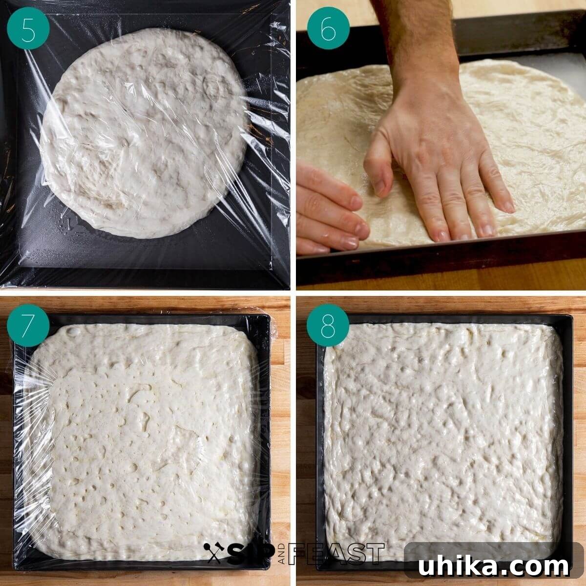 Collage of process shots illustrating the gradual stretching of the New York Sicilian pizza dough into the pan and its subsequent rising.