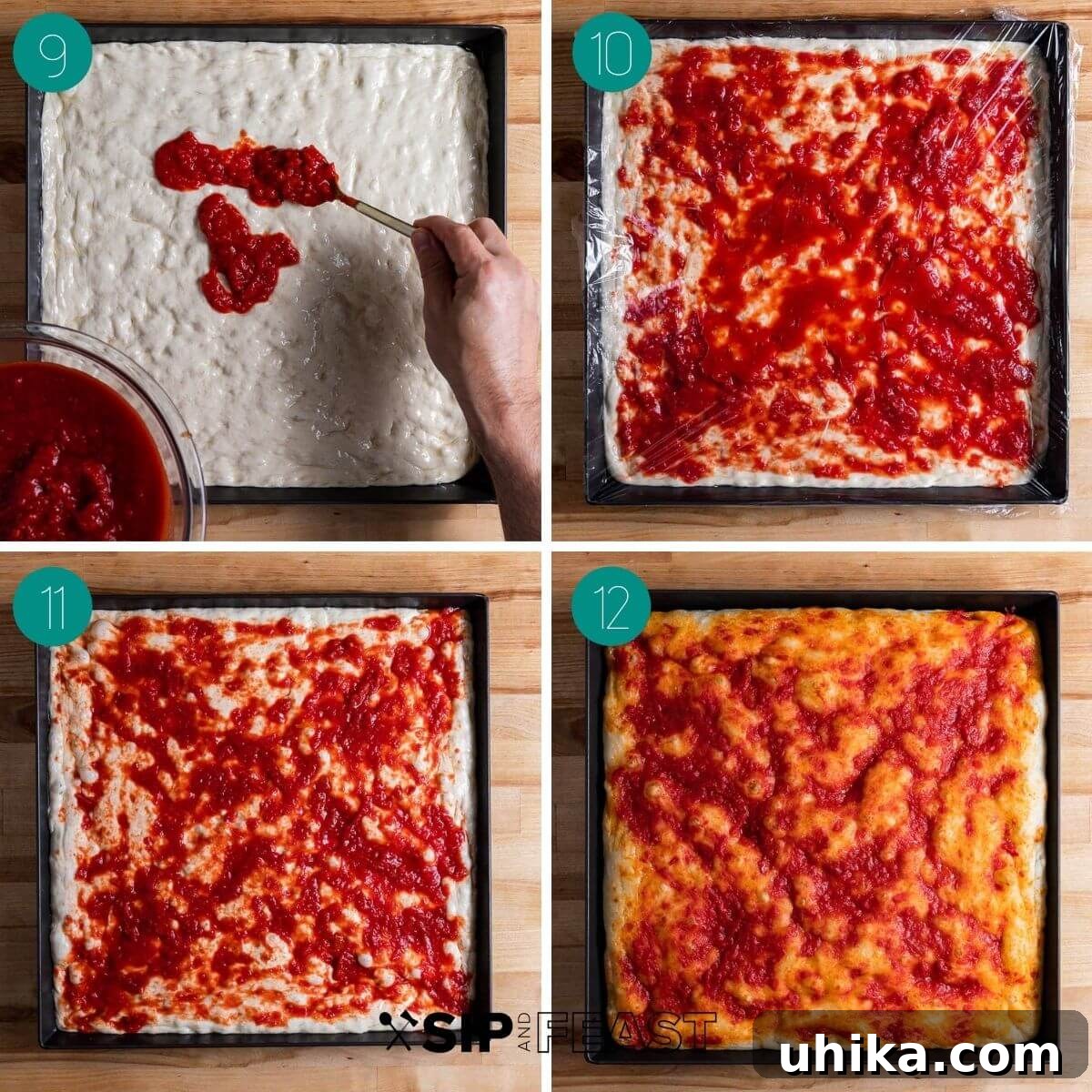Collage depicting the stages of New York Sicilian pizza preparation, including applying a thin layer of sauce and the significant rise of the dough before baking.