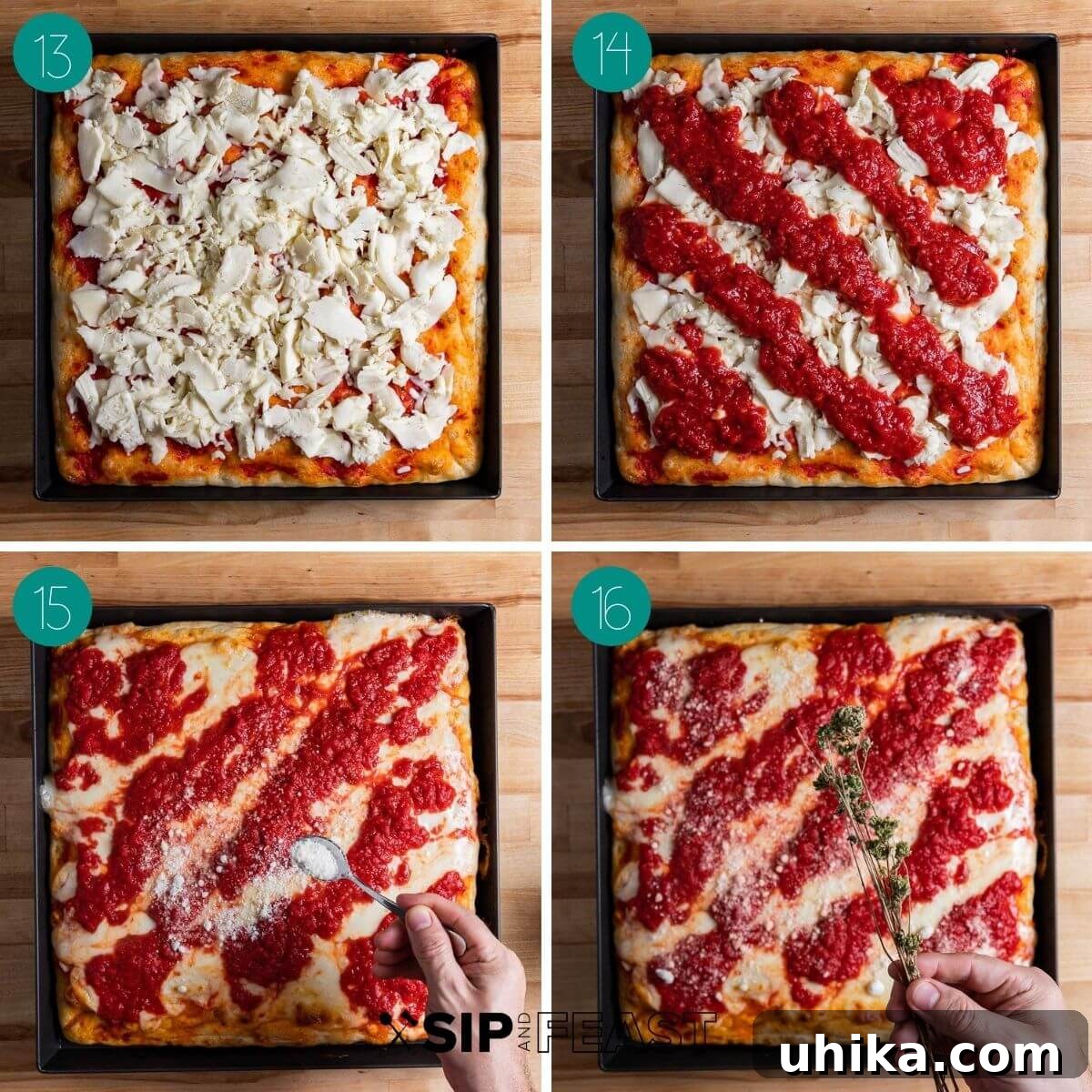 Collage of final baking stages for New York Sicilian pizza, showing the application of cheese and remaining sauce, and the finished pizza emerging from the oven.