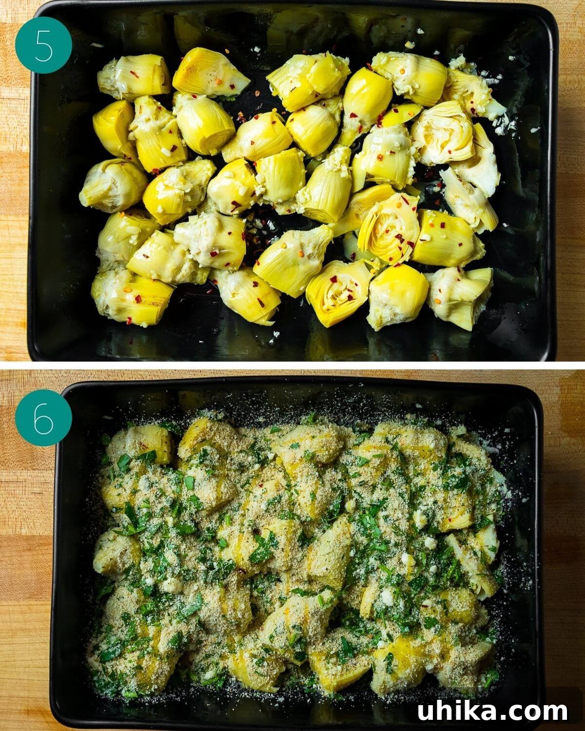 Oven-Roasted Artichoke Hearts with Garlic-Herb Breadcrumb Crust 6 Recipe process shot collage group number three.