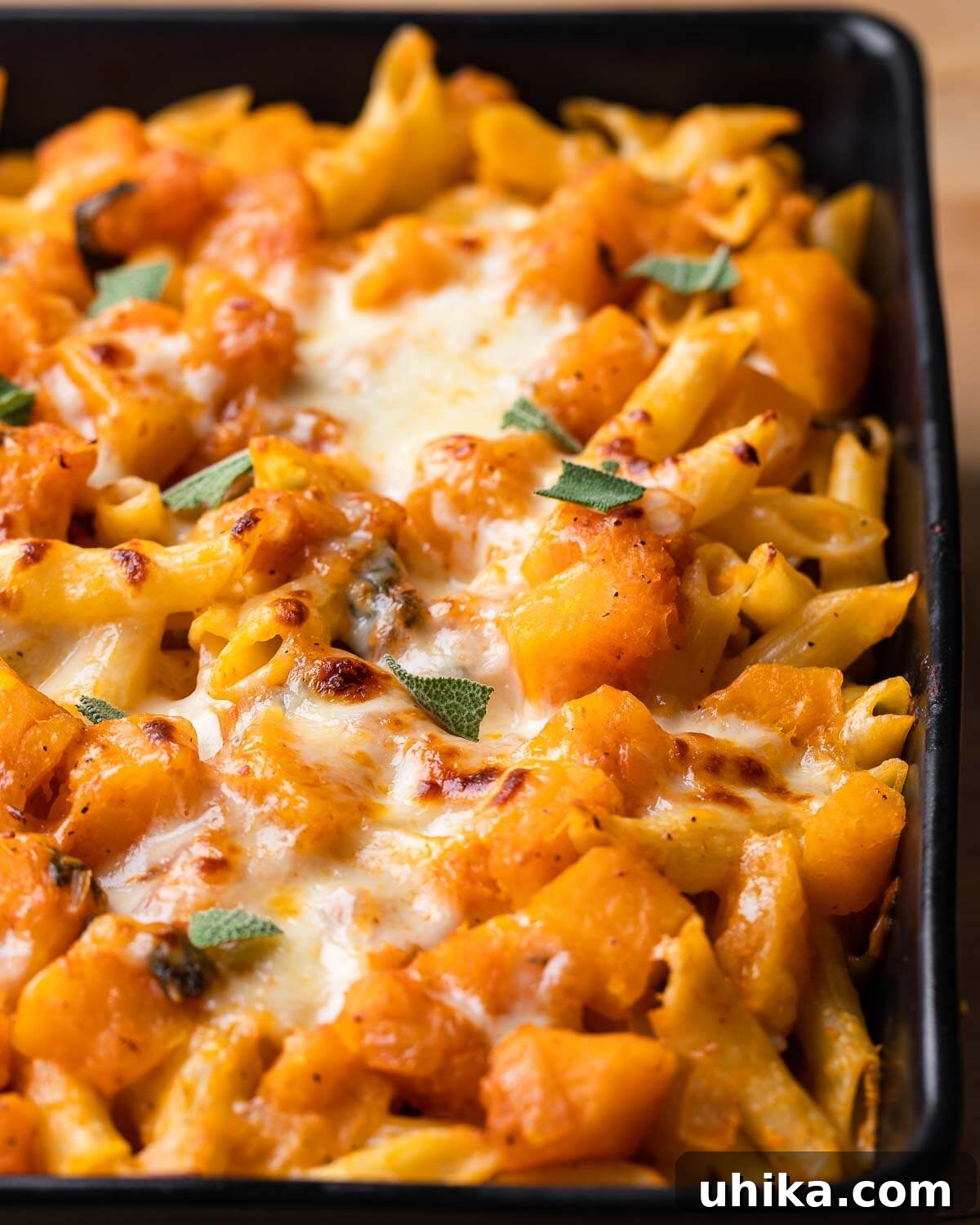 Black baking dish with baked butternut squash pasta, garnished with fresh sage.