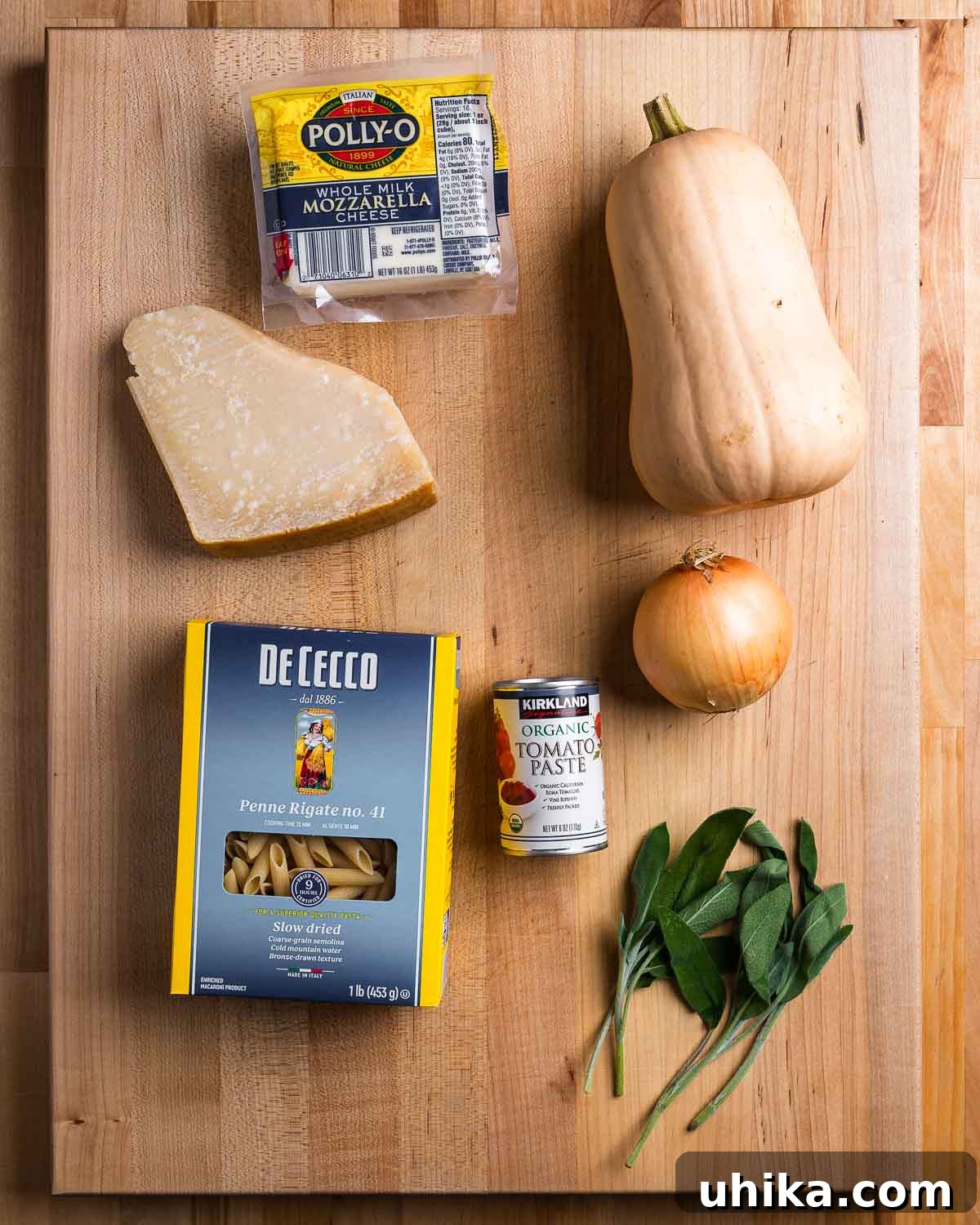 Ingredients for baked butternut squash pasta shown: mozzarella, butternut squash, parmesan cheese, pasta, tomato paste, onion, and sage leaves.