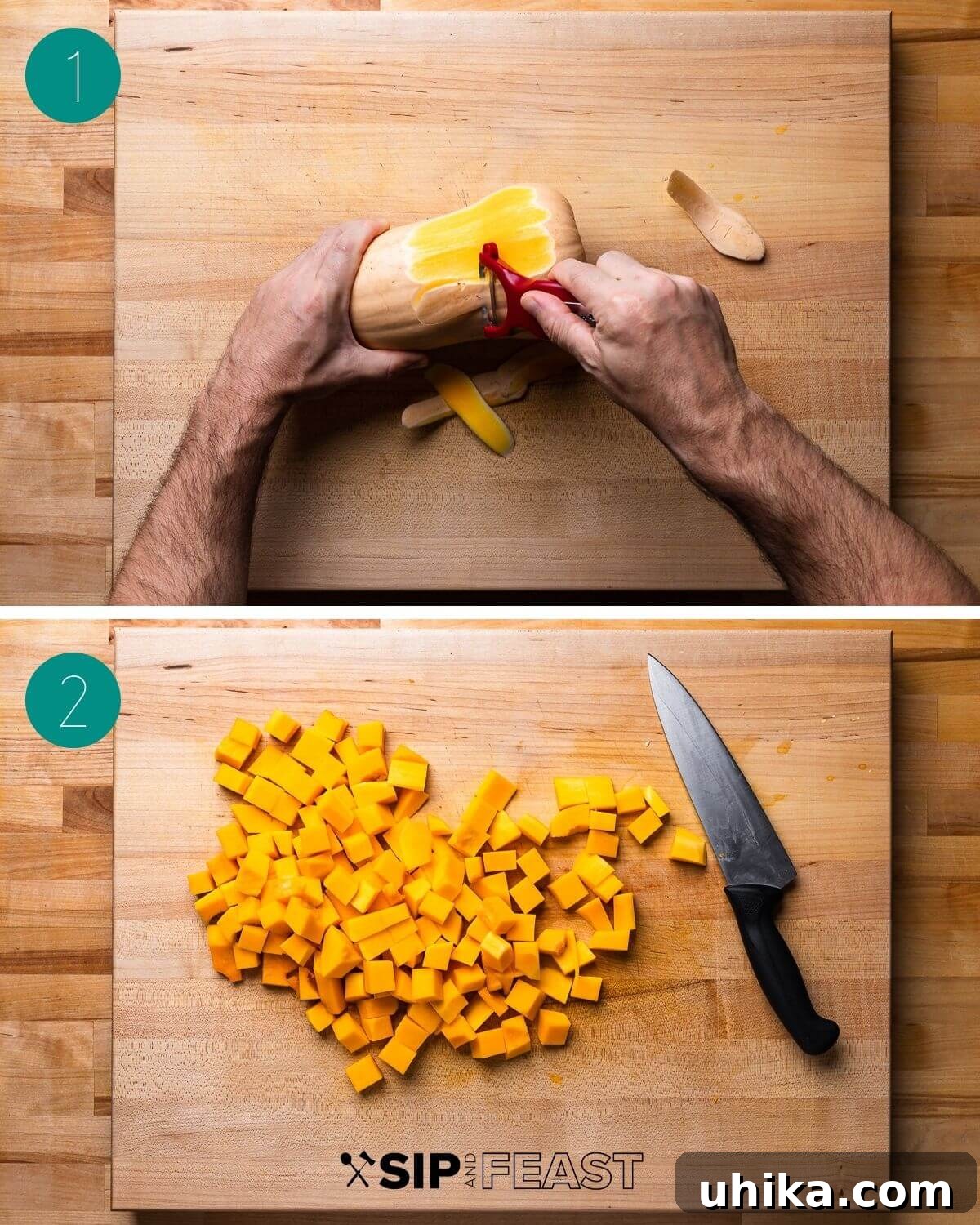 Baked butternut squash pasta recipe process collage showing squash preparation, onion dicing, and sage chopping.