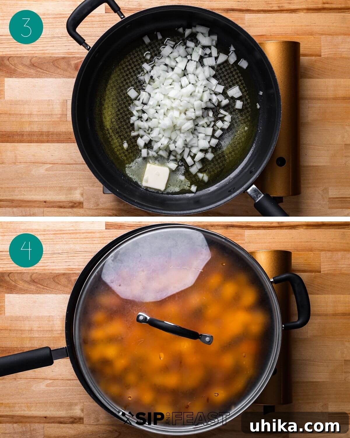 Recipe process shot collage showing onions sautéing, and ingredients being added to the pan.