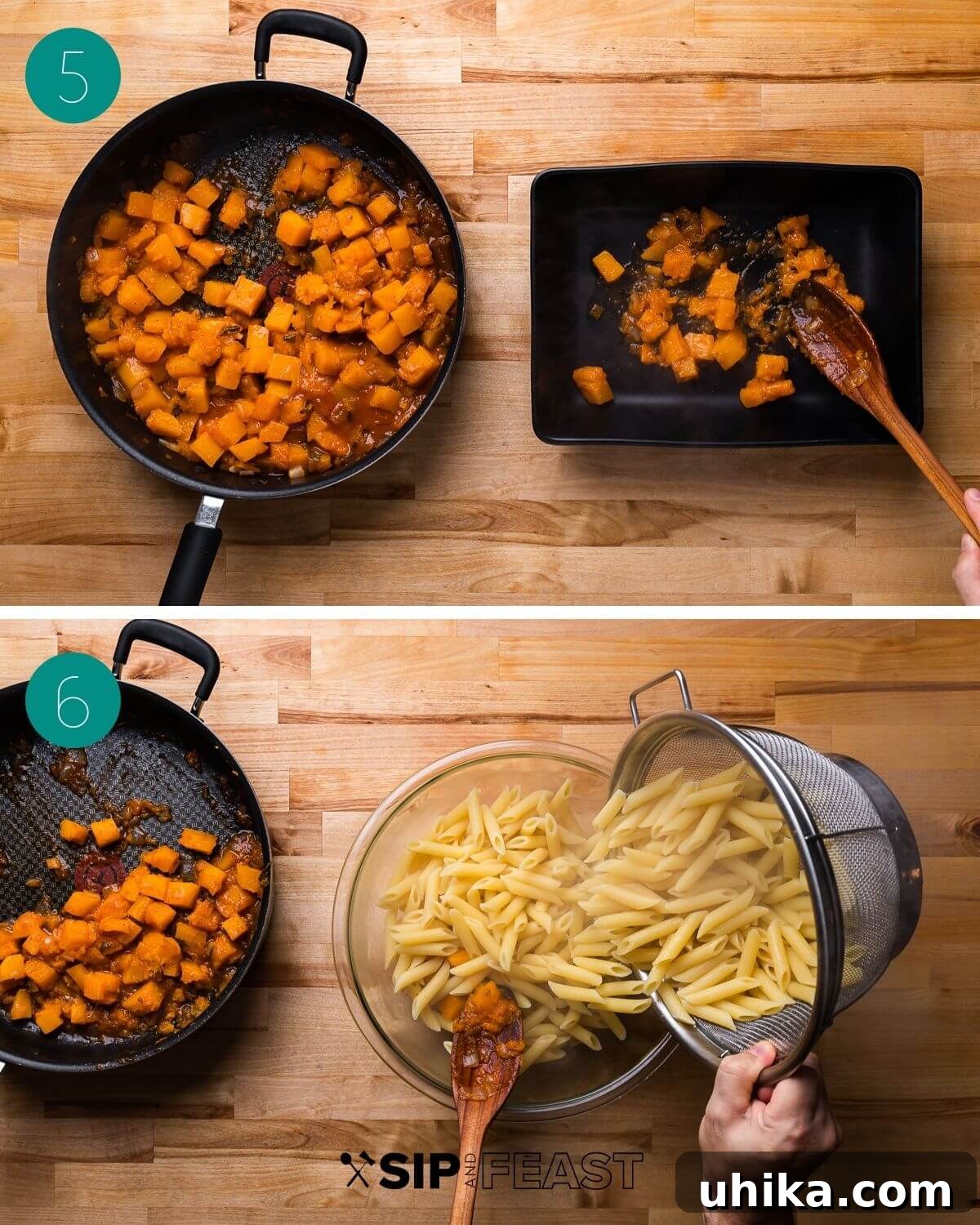 Recipe process shot collage showing pasta boiling, sauce simmering, and layering the first sauce into the baking dish.