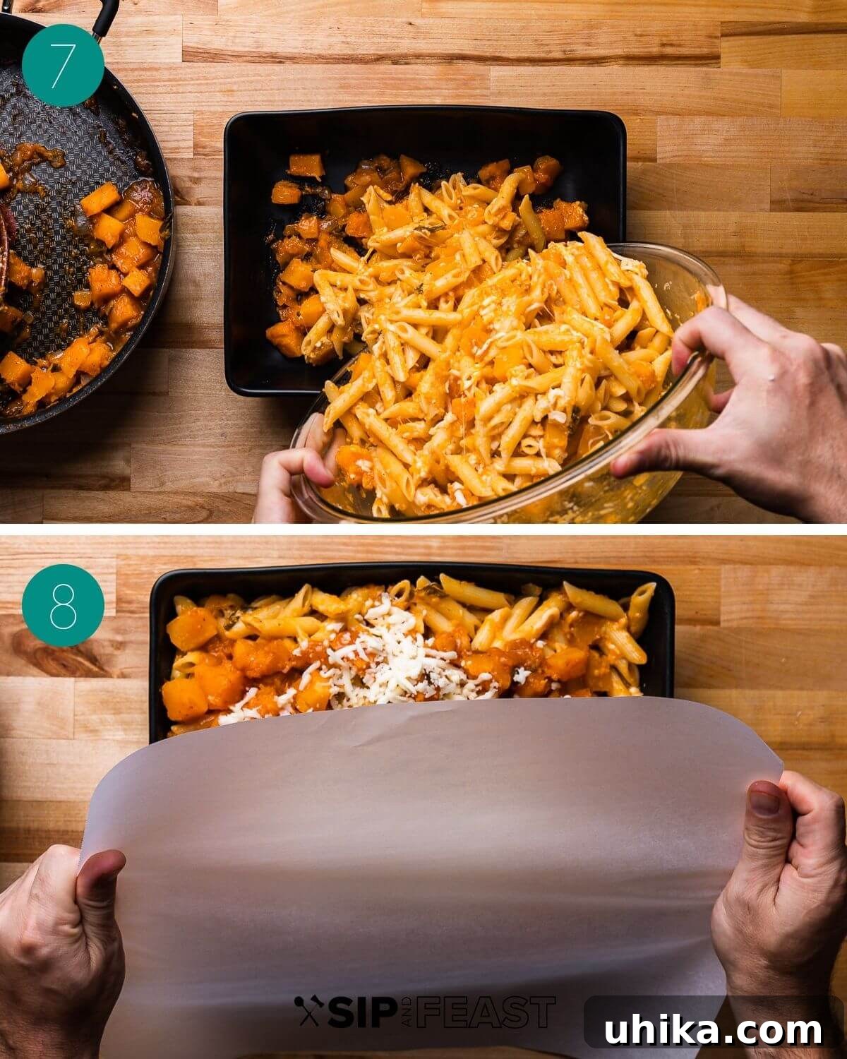 Recipe process shot collage showing mixing pasta with sauce and cheese, and adding the mixture to the baking dish.