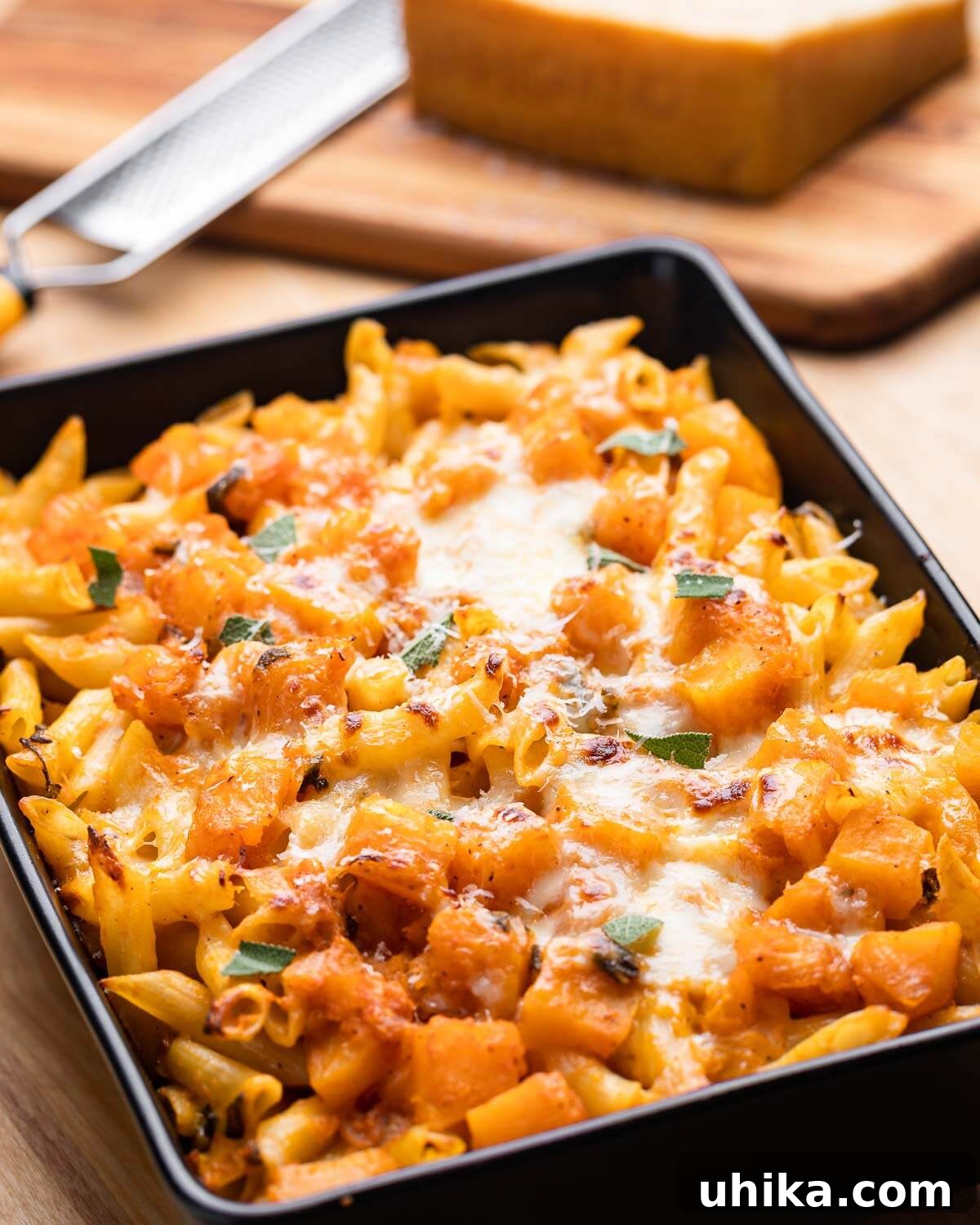 Baking dish with baked butternut squash pasta, block of Parmigiano Reggiano in background, ready to serve.