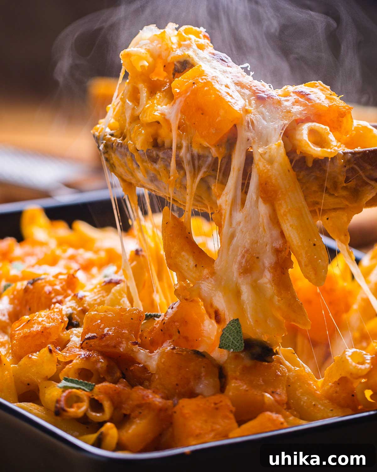 Large spoon holding baked butternut squash pasta with cheese pulling and steam rising, showcasing its creamy texture.