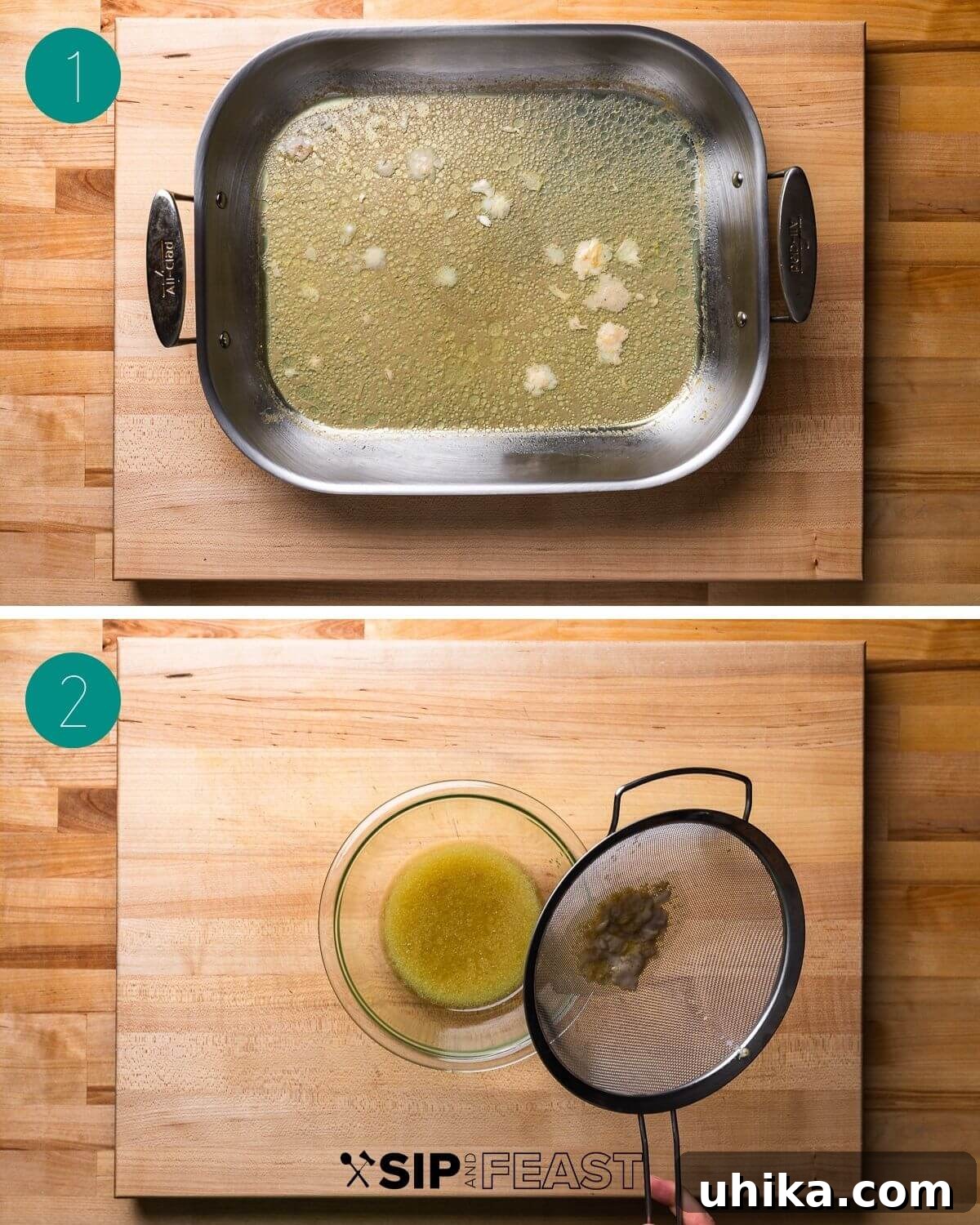 Foolproof Turkey Gravy 4 Collage of step-by-step images showing the initial stages of making easy turkey gravy, including a pan with roasted turkey drippings.