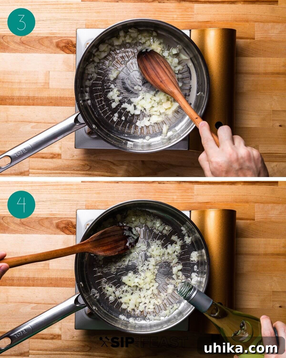 Foolproof Turkey Gravy 5 Collage of step-by-step images showing the sautéing of onions and the addition of white wine during the easy turkey gravy preparation process.