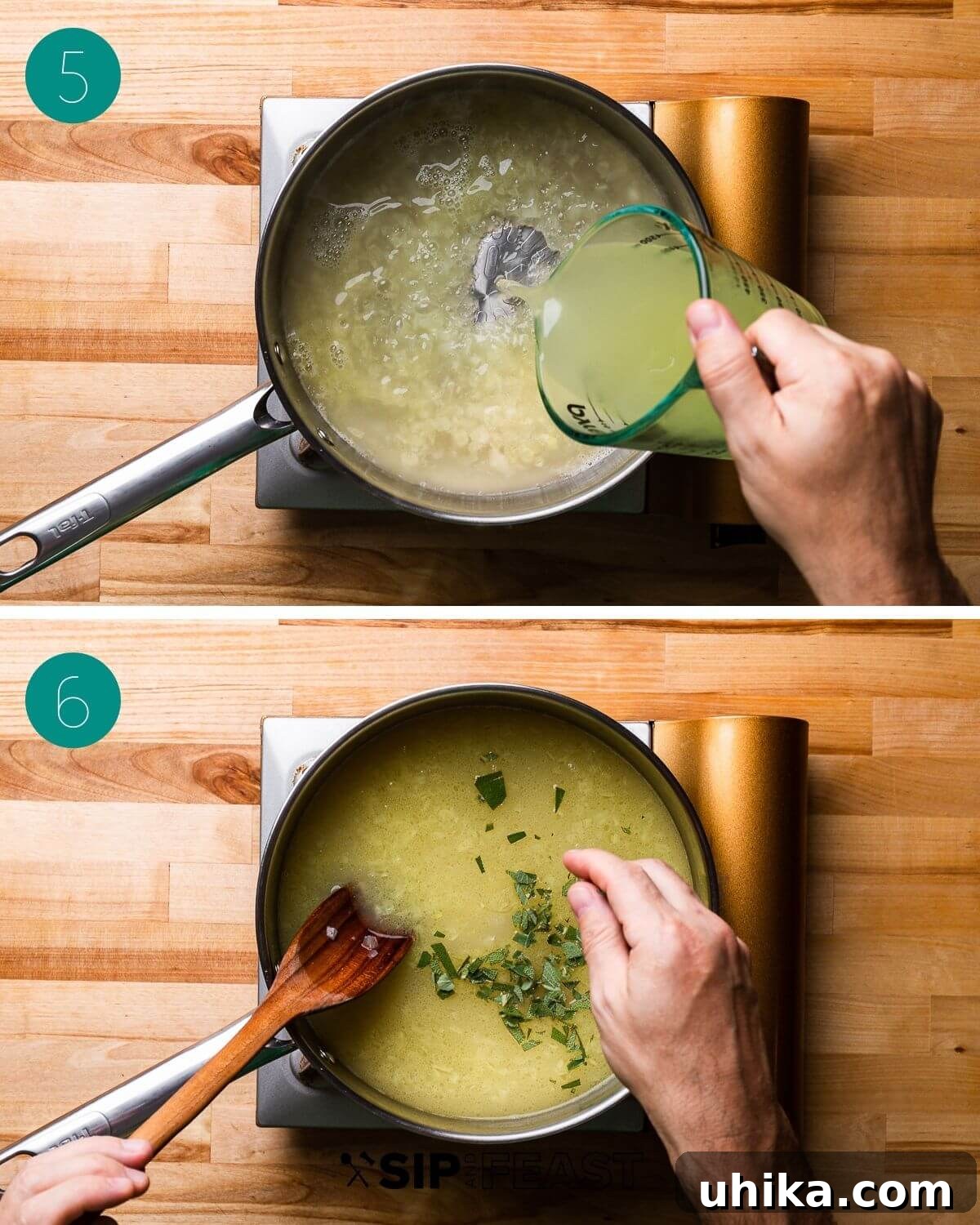 Foolproof Turkey Gravy 6 Collage of step-by-step images showing the addition of turkey stock and drippings, followed by fresh sage, to the simmering gravy base.