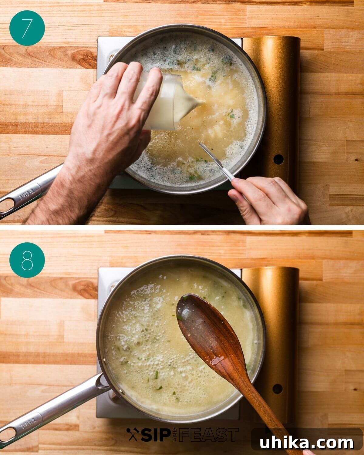 Foolproof Turkey Gravy 7 Collage of step-by-step images demonstrating the creation of a cornstarch slurry and its addition to the simmering turkey gravy to thicken.