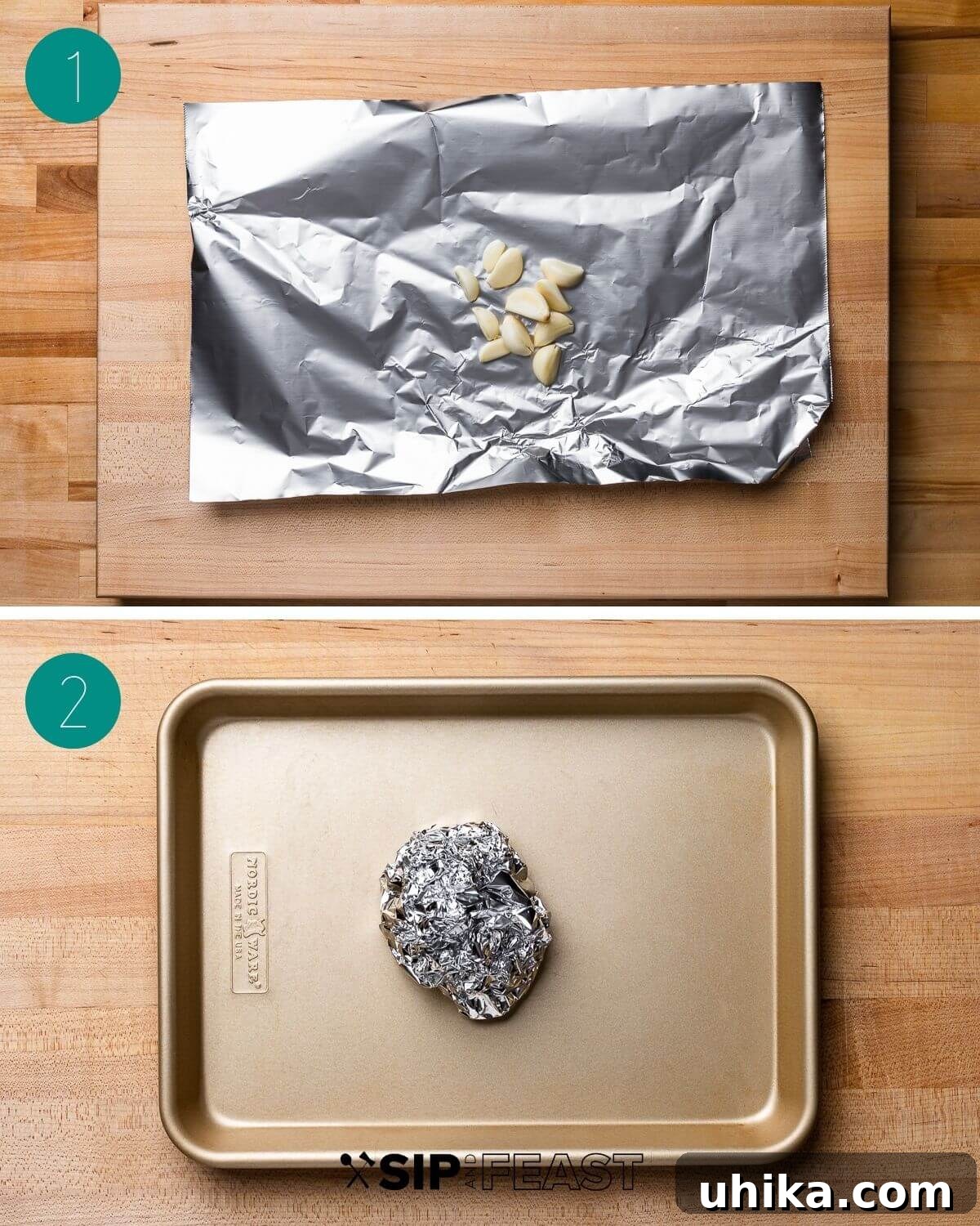 Creamy Roasted Garlic Mashed Potatoes 4 Garlic cloves nestled in aluminum foil, ready for roasting, a crucial first step for depth of flavor.
