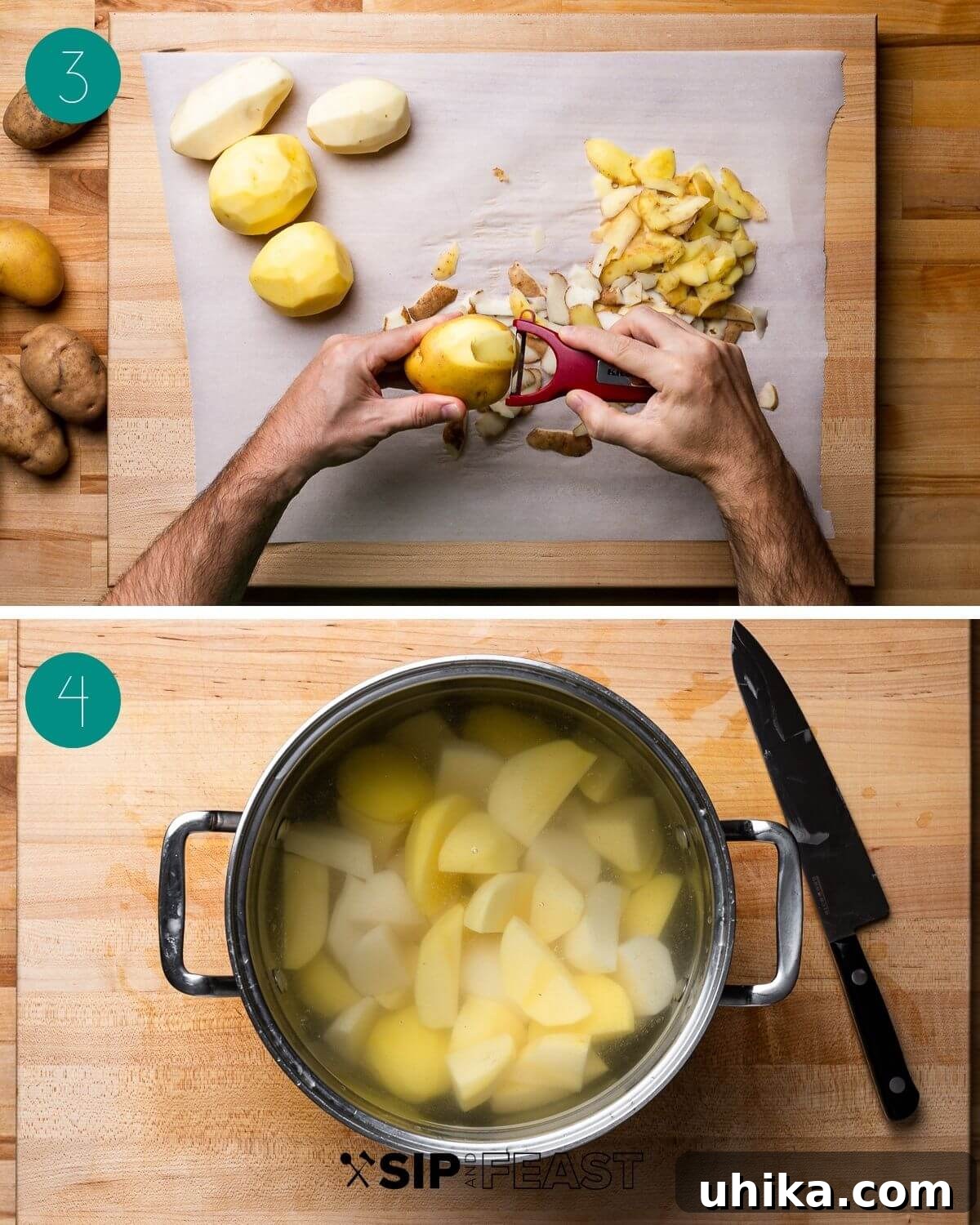 Creamy Roasted Garlic Mashed Potatoes 5 Hands carefully peeling potatoes and quartered potatoes submerged in cold water in a large pot, preparing for boiling.