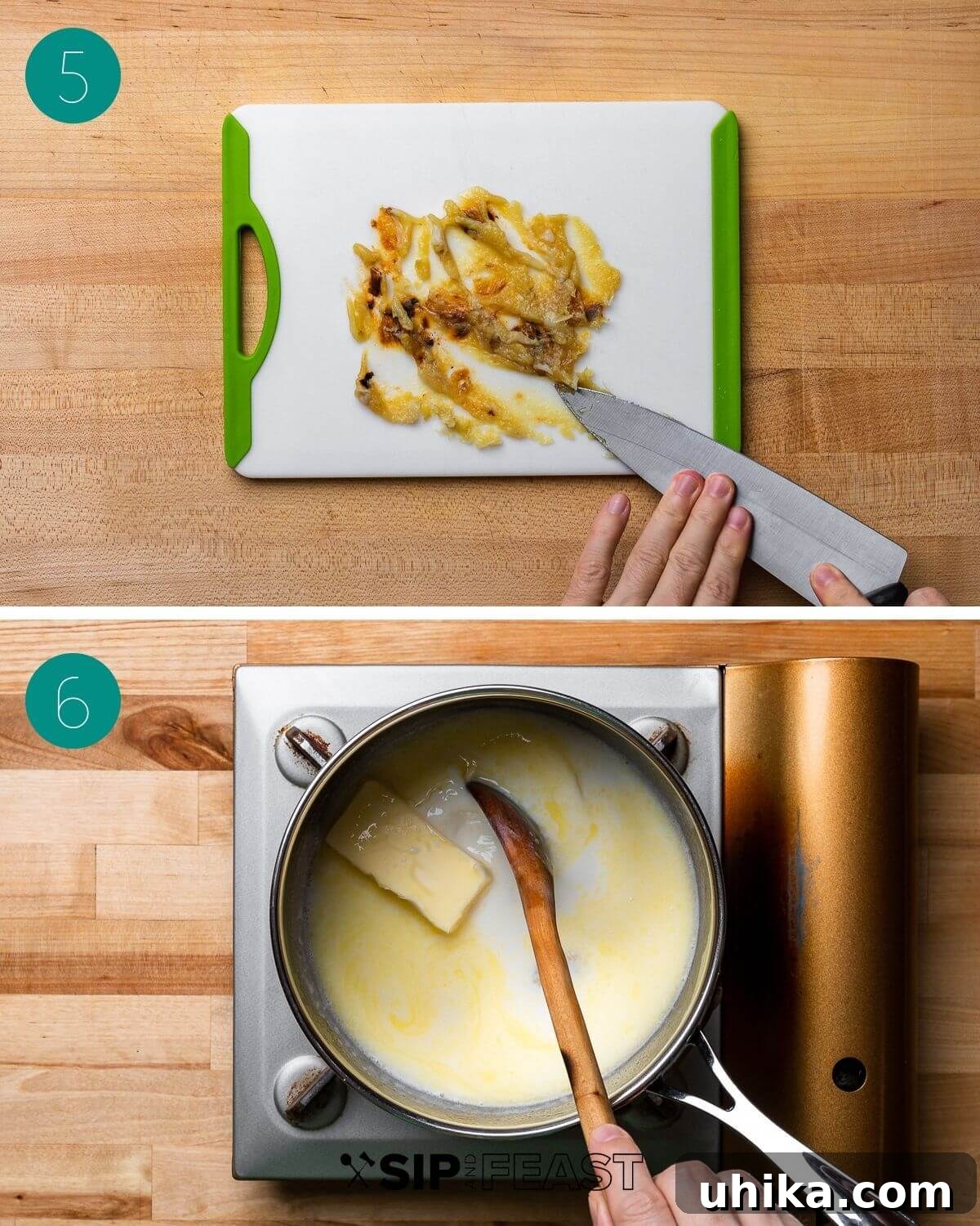 Creamy Roasted Garlic Mashed Potatoes 6 A knife expertly mashing roasted garlic cloves into a smooth paste, alongside butter and milk gently warming in a saucepan.