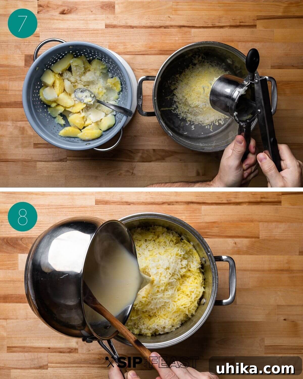 Creamy Roasted Garlic Mashed Potatoes 7 Steaming potatoes in a colander, next to a potato ricer, and a pot filled with riced potatoes receiving the warm buttery milk mixture.