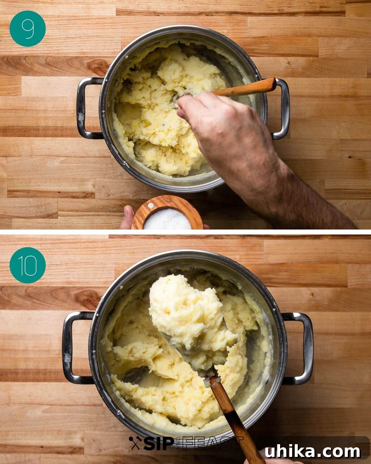 Creamy Roasted Garlic Mashed Potatoes 8 A delicate sprinkle of salt over a pot of freshly mixed mashed potatoes, with a spoonful of the creamy dish nearby.