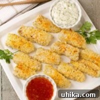 A close-up of crispy, oven-baked Asian style fish sticks on a serving plate, ready to be dipped.