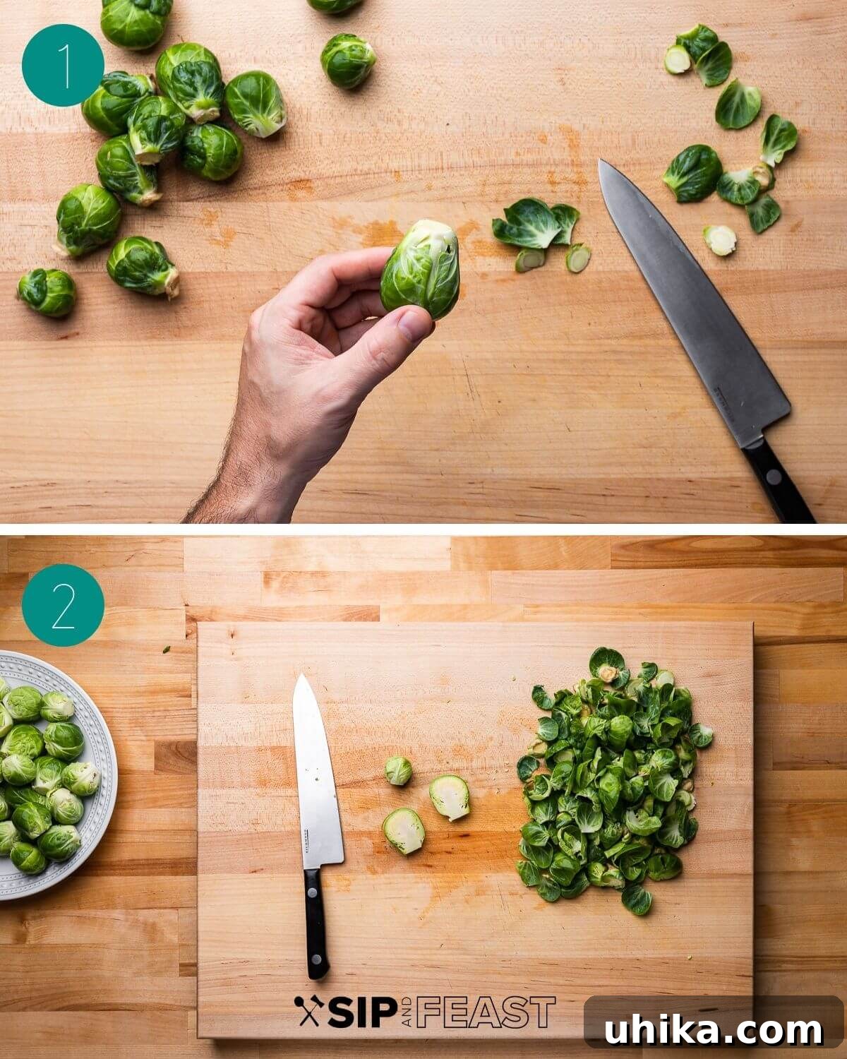 Glazed Honey Balsamic Brussels Sprouts 4 A collage showing the preparation of Brussels sprouts: trimming ends and removing outer leaves, then halving the larger sprouts for even cooking.