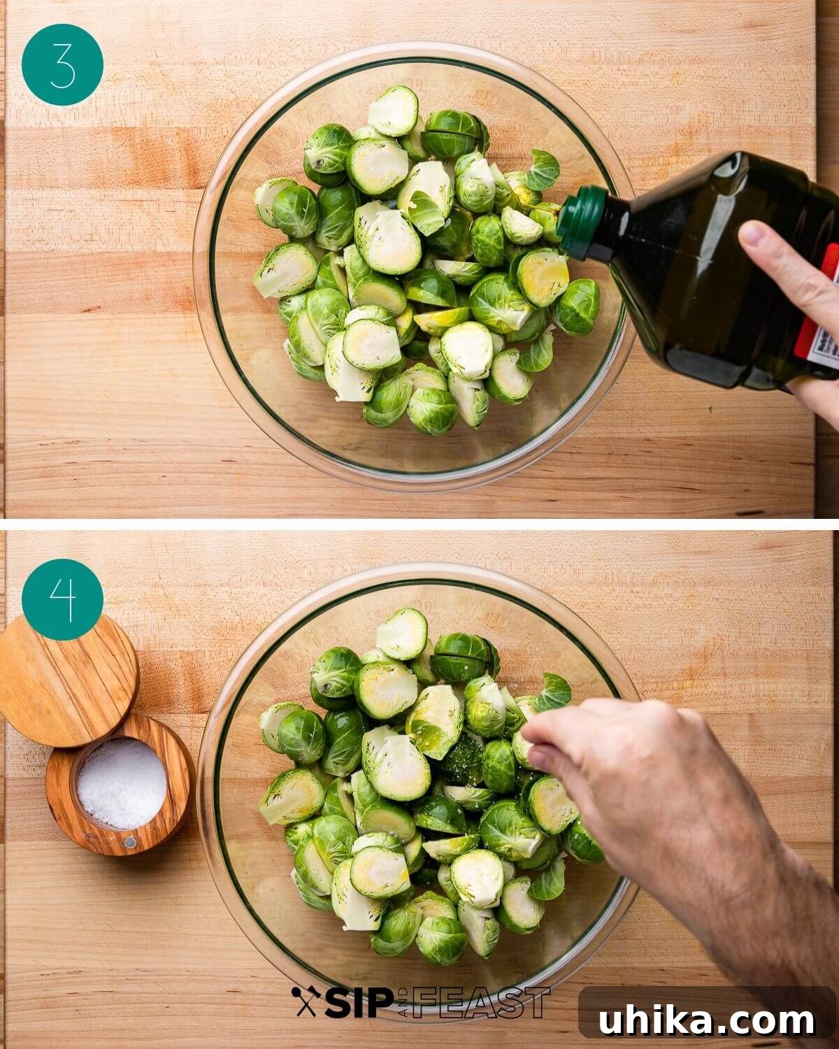 Glazed Honey Balsamic Brussels Sprouts 5 A collage illustrating the seasoning process: drizzling olive oil over the Brussels sprouts in a bowl, followed by sprinkling kosher salt and black pepper.