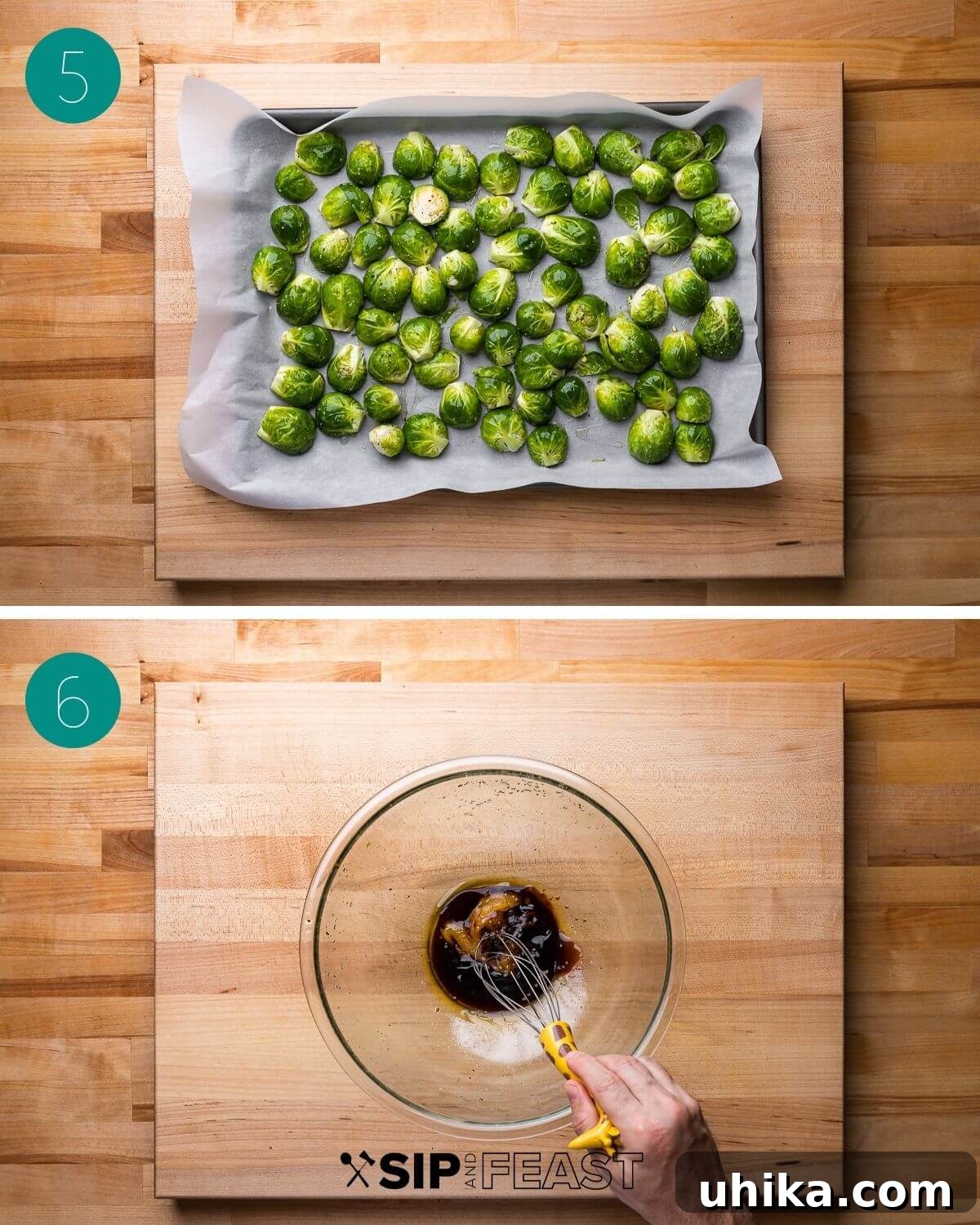 Glazed Honey Balsamic Brussels Sprouts 6 A collage demonstrating the roasting preparation and glaze mixing: Brussels sprouts spread on a baking sheet, cut-side down, and a separate bowl where balsamic vinegar and honey are being whisked together.