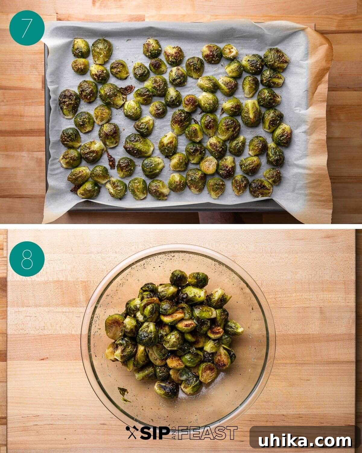Glazed Honey Balsamic Brussels Sprouts 7 A collage showing the final steps: freshly roasted Brussels sprouts in the baking pan, and then being tossed in a bowl with the honey balsamic glaze until thoroughly coated.