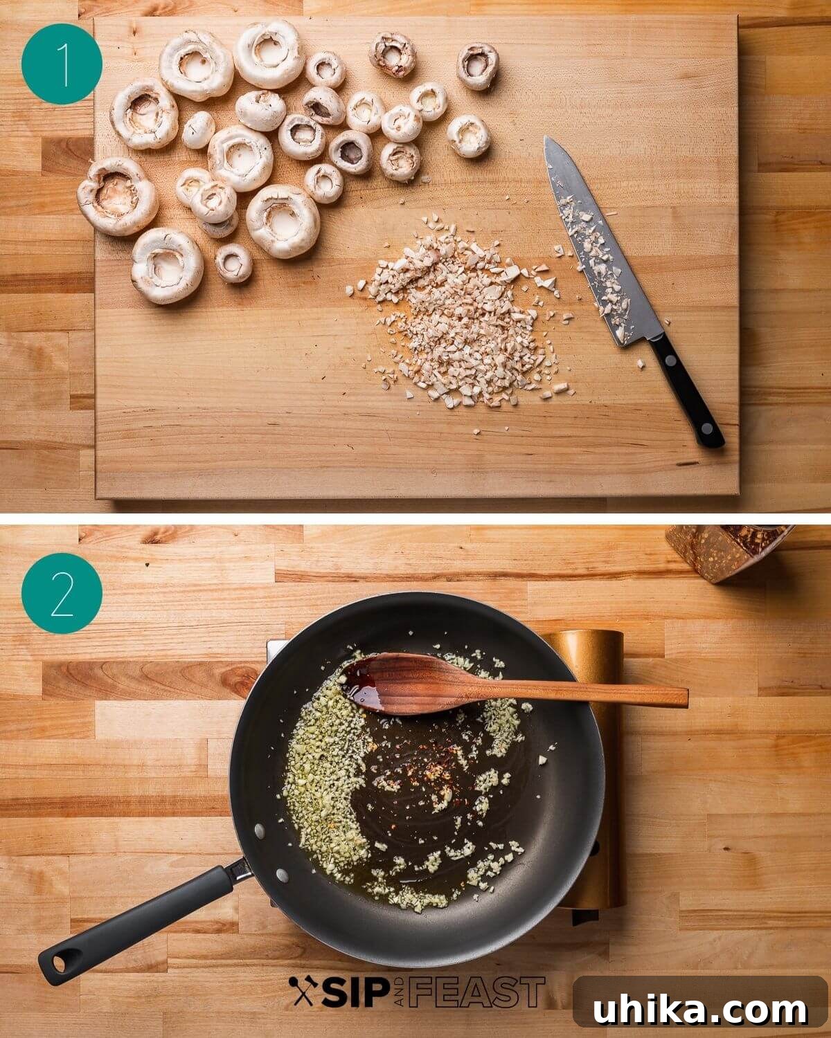 Parmesan & Herb Stuffed Mushrooms 3 Italian stuffed mushrooms recipe process shot collage group number one showing mushrooms with stems chopped and a fry pan with butter.