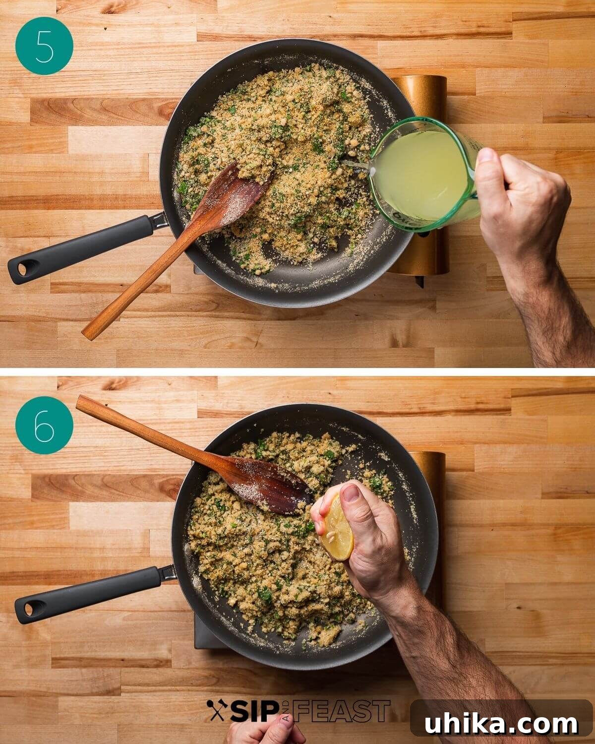Parmesan & Herb Stuffed Mushrooms 5 Recipe process shot collage group number three showing breadcrumbs added to pan with chicken stock and lemon squeezing into pan.