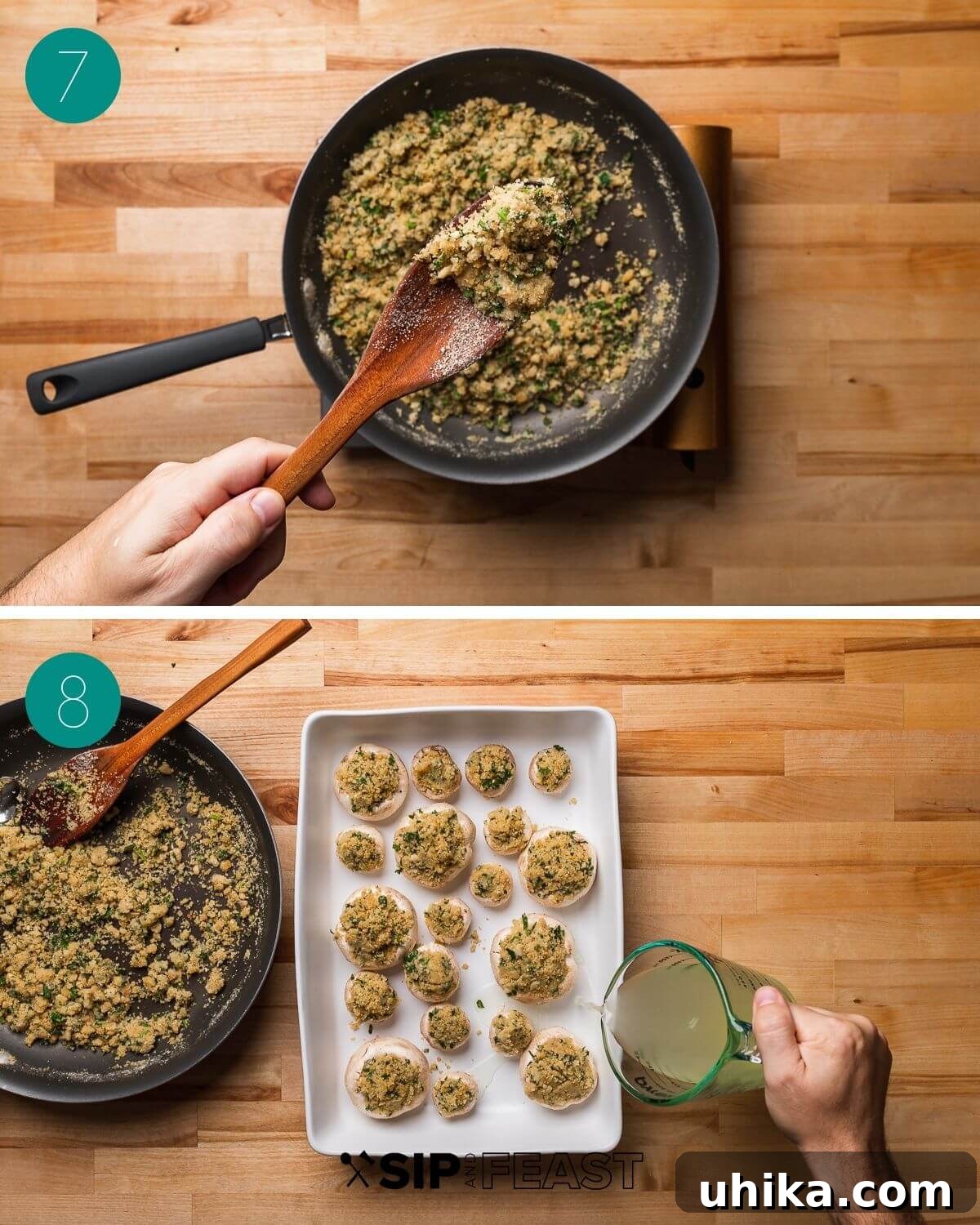 Parmesan & Herb Stuffed Mushrooms 6 Recipe process shot collage group number four showing finished stuffing in pan and mushroom caps filled with stuffing in baking dish with chicken stock being poured.
