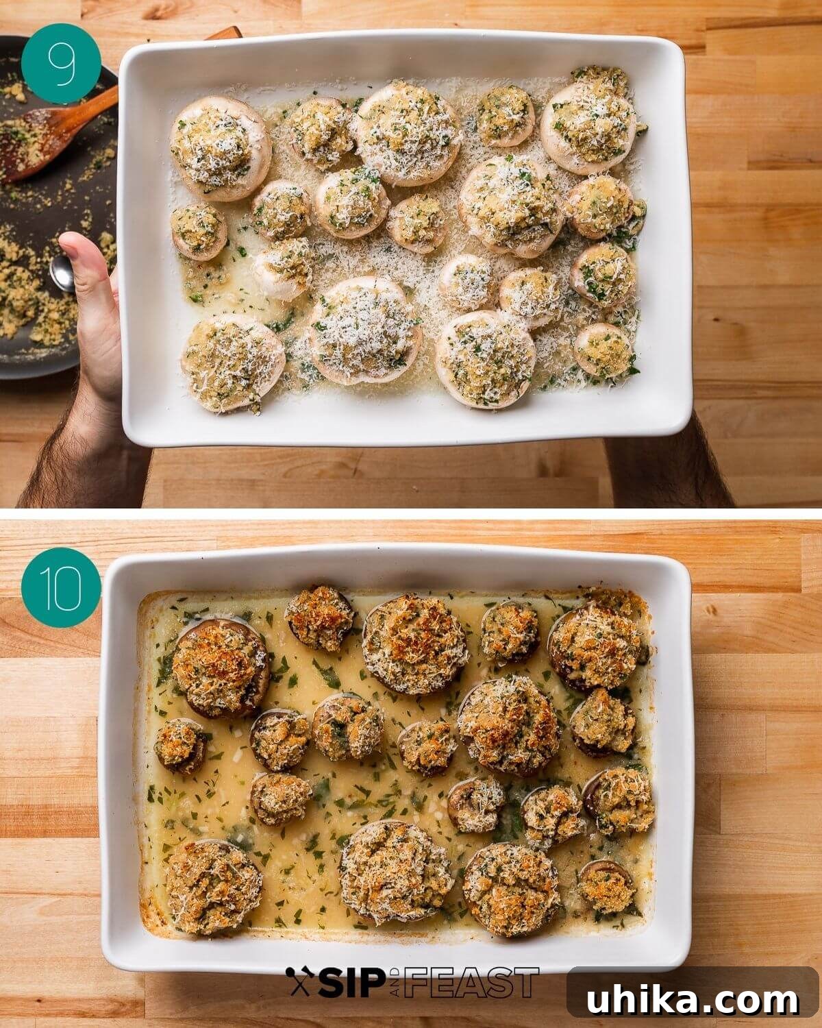 Parmesan & Herb Stuffed Mushrooms 7 Italian stuffed mushrooms recipe process shot collage group number five showing cheese topped mushrooms before and after baking.