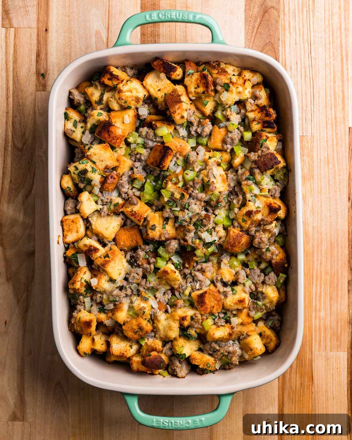 Parmesan-Infused Italian Sausage Stuffing 2 Overhead shot of baking dish with Italian sausage stuffing.