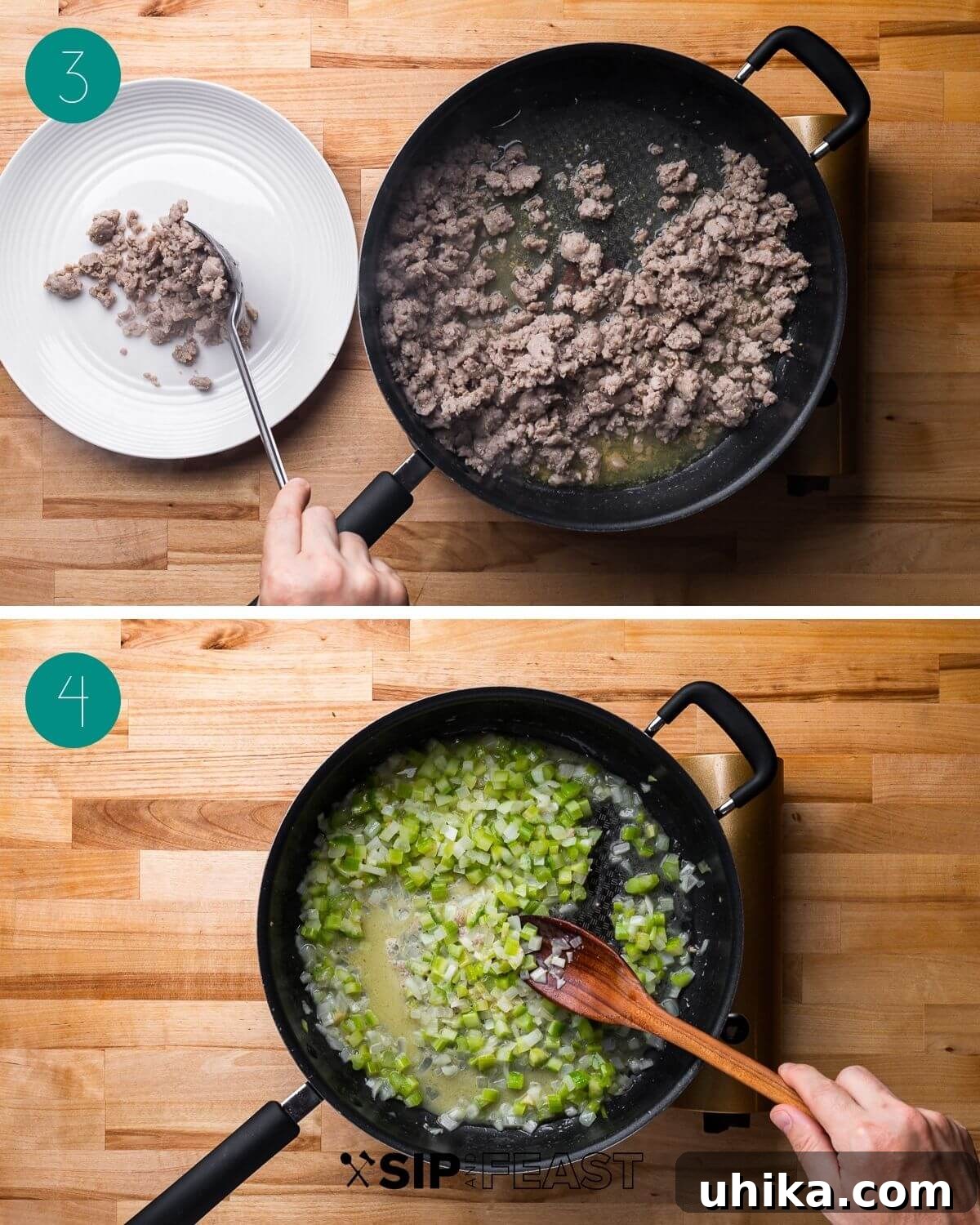 Parmesan-Infused Italian Sausage Stuffing 5 Recipe process shot collage group number two.