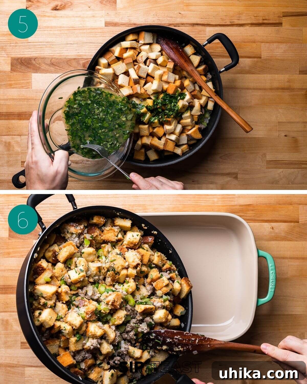 Parmesan-Infused Italian Sausage Stuffing 6 Recipe process shot collage group number three.